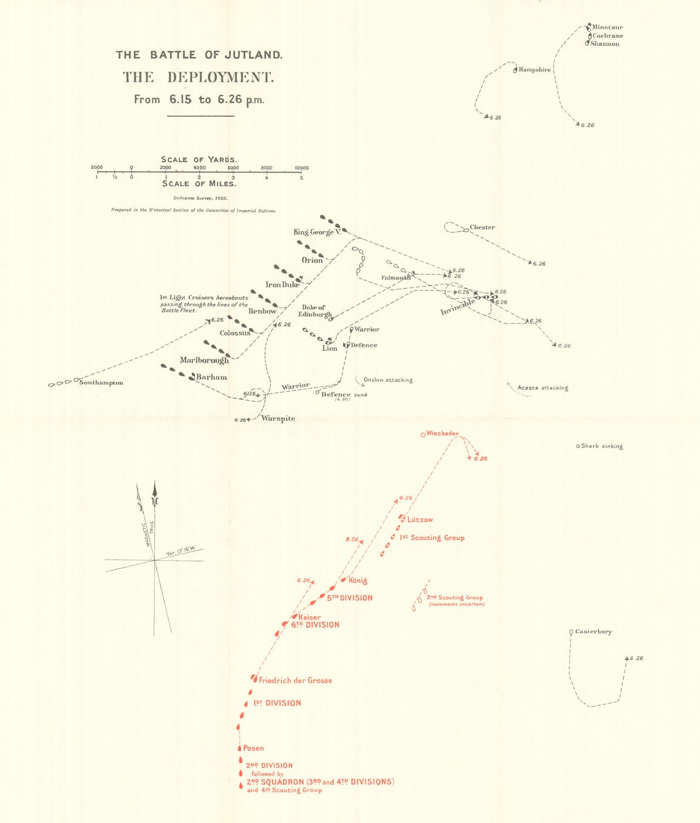 Battle of Jutland. Deployment. 6.15-6.26 pm 31 May 1916. WW1. 1923 old map